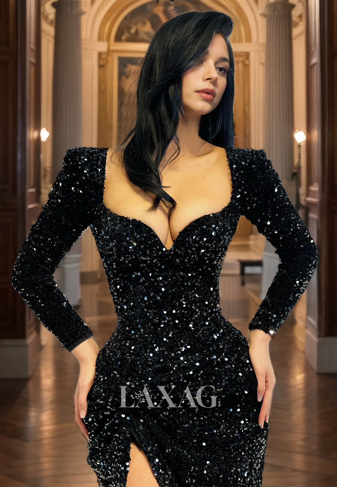 Sheath&Column Long Sleeves Evening Dress with High Slit Sparkly Sequined Long Formal Gown - Fashionpara