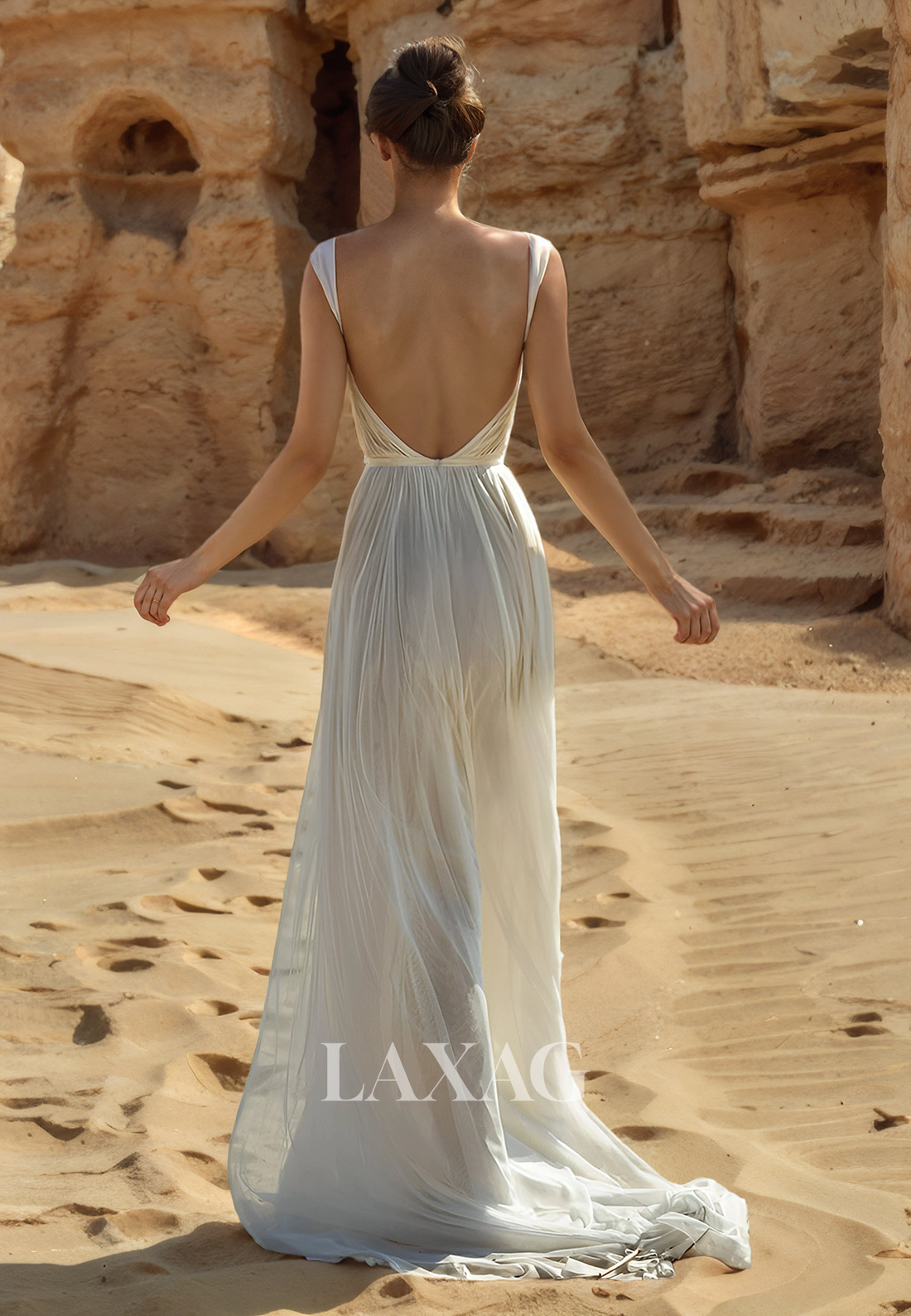 A-Line Sweetheart Straps Bride Gowns Backless Sweep Train Chiffon Wedding Dress with Slit - Fashionpara