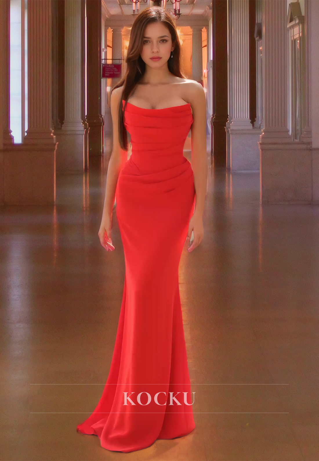 Strapless Mermaid Sleeveless Floor-Length Pleated Satin Formal Gowns Prom Dress - Fashionpara