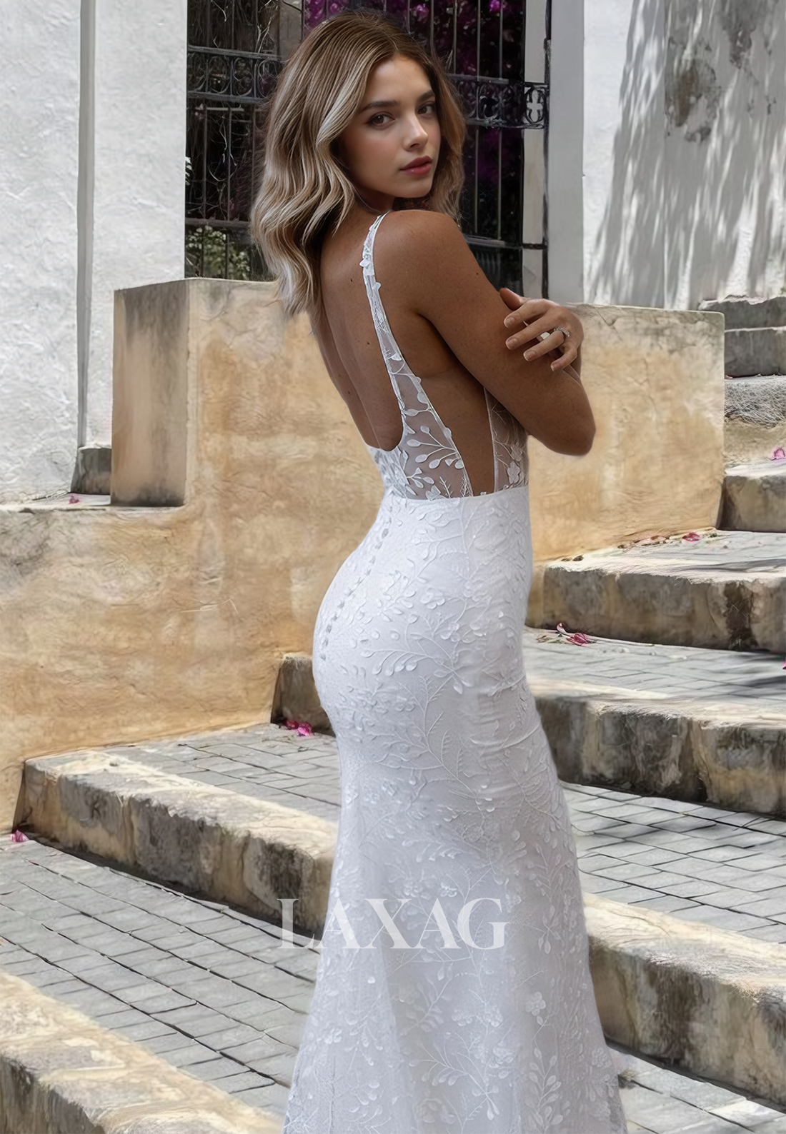 Tube Top Spaghetti Straps Lace Mermaid Wedding Dress Sleeveless Sweep Train Bridal Dress with Appliques - Fashionpara