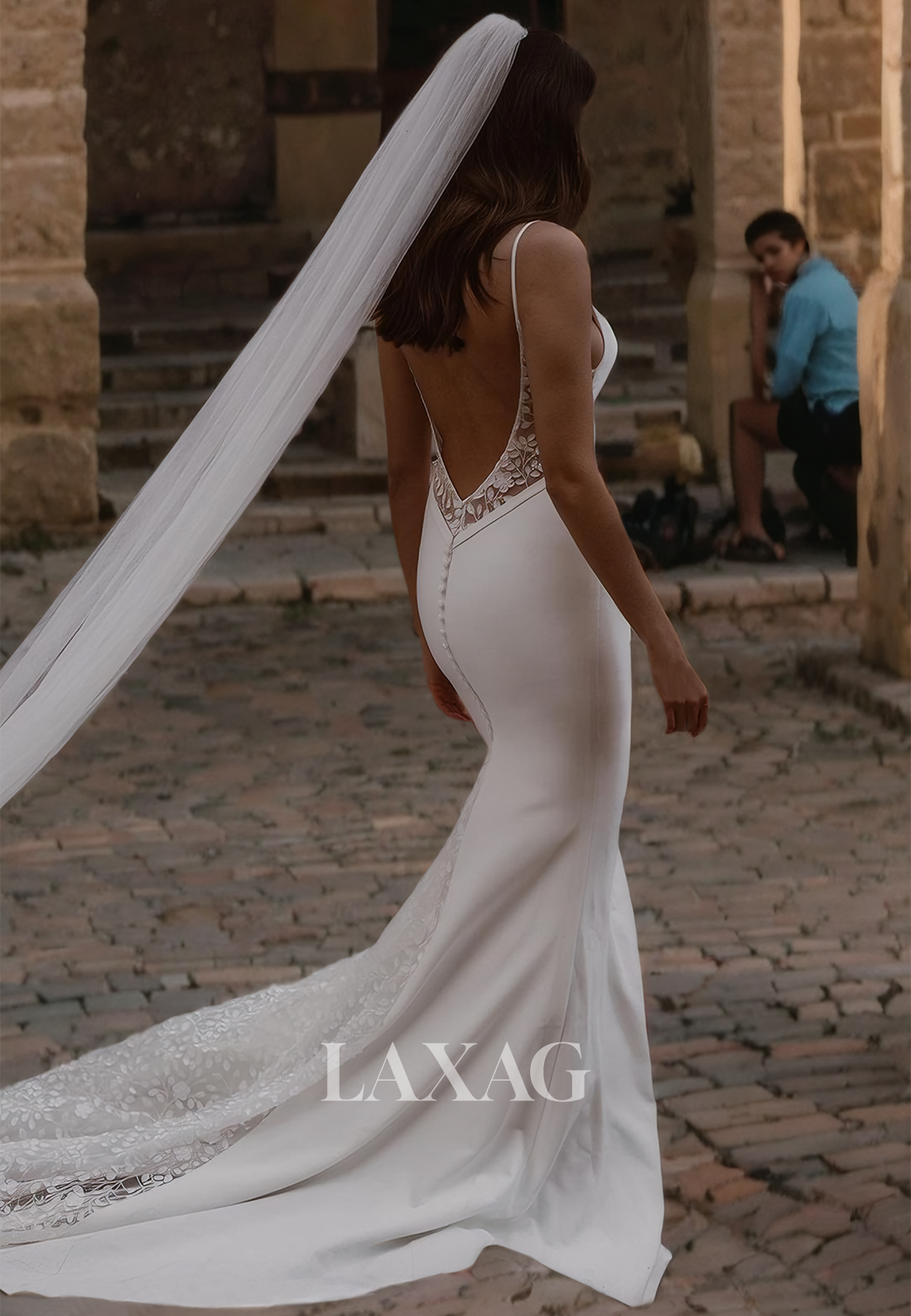 V-Neck Sleeveless Straps Boho Wedding Dress with Lace Train Off-Shoulder Mermaid Bridal Dress - Fashionpara