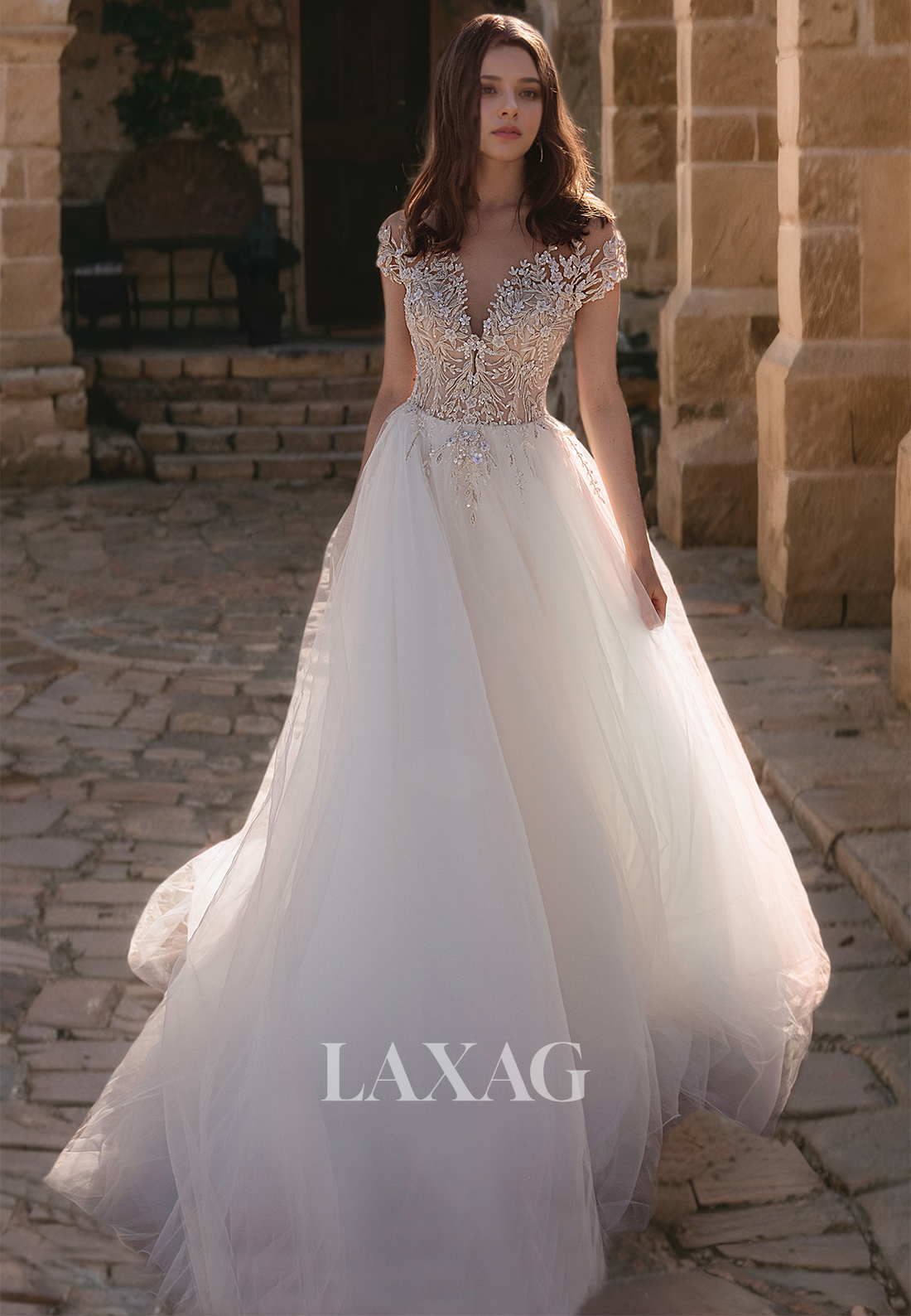 A-Line V-Neck Sleeveless Beaded and Appliques Lace Wedding Dress with Sweep Train Bridal Dress - Fashionpara