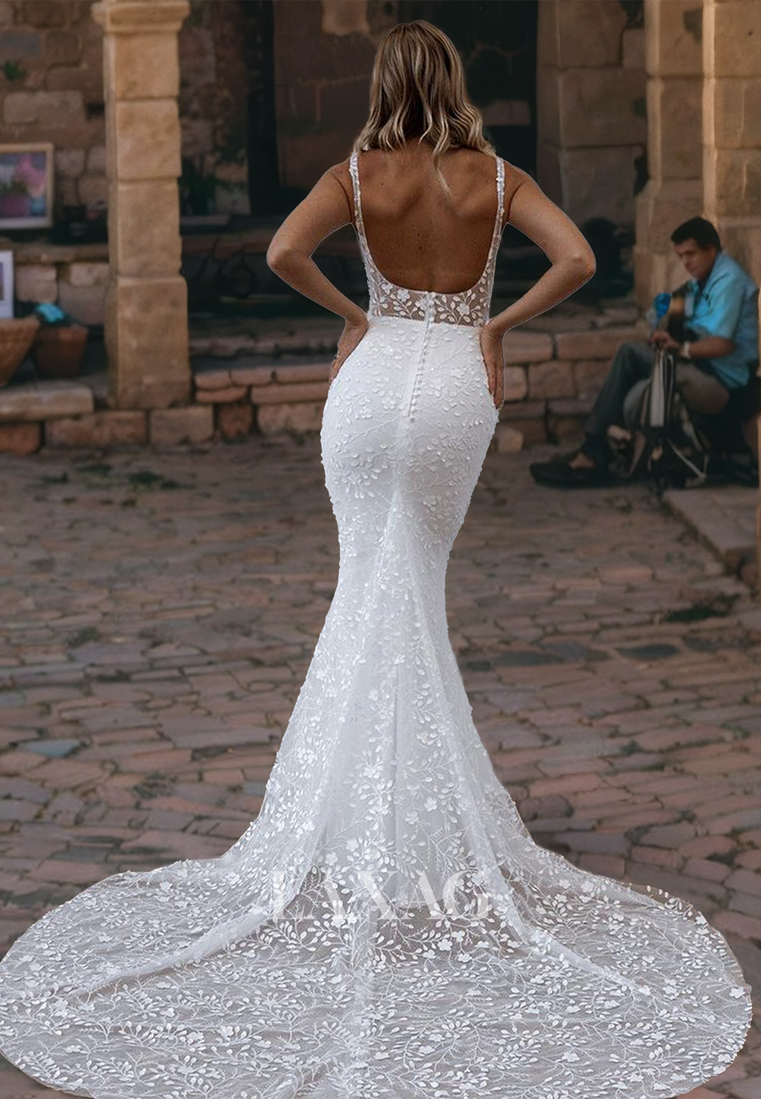 Tube Top Spaghetti Straps Lace Mermaid Wedding Dress Sleeveless Sweep Train Bridal Dress with Appliques - Fashionpara