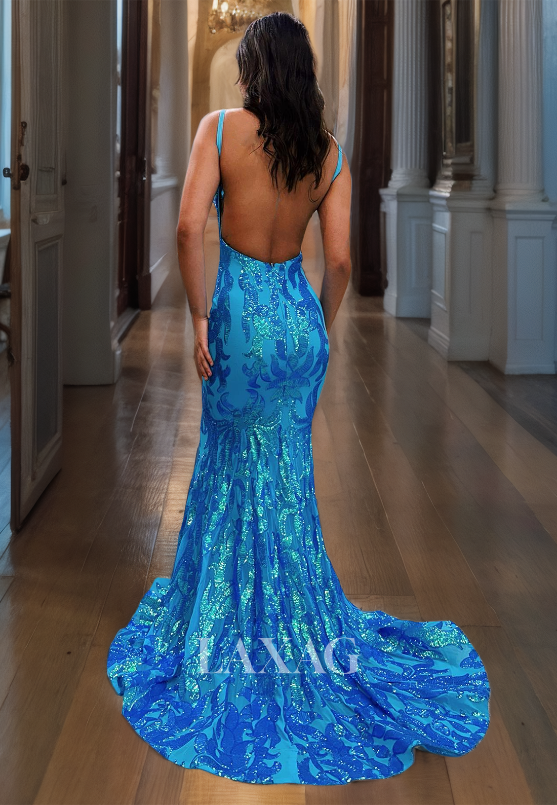 Sweetheart Backless Formal Party Dress Mermaid Spaghetti Straps Shinny Prom Dress - Fashionpara