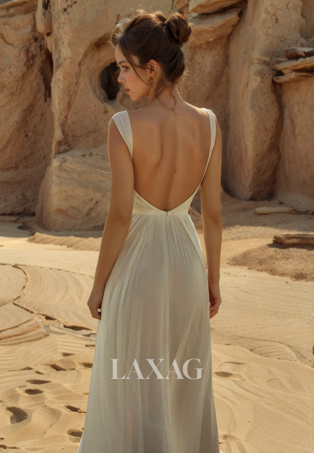 A-Line Sweetheart Straps Bride Gowns Backless Sweep Train Chiffon Wedding Dress with Slit - Fashionpara