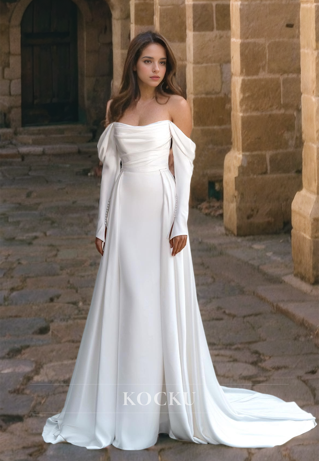 Strapless A-Line Long Sleeves Pleated Satin Formal Wedding Gowns with Sweep Train Bridal Dress - Fashionpara