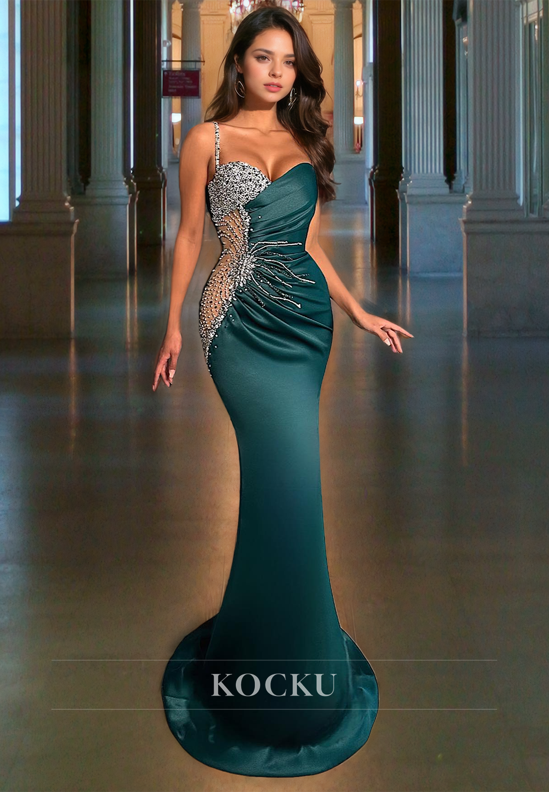 Sweetheart Mermaid Spaghetti Straps Sweep Train Pleated Satin Formal Gowns with Beads Prom Dress - Fashionpara