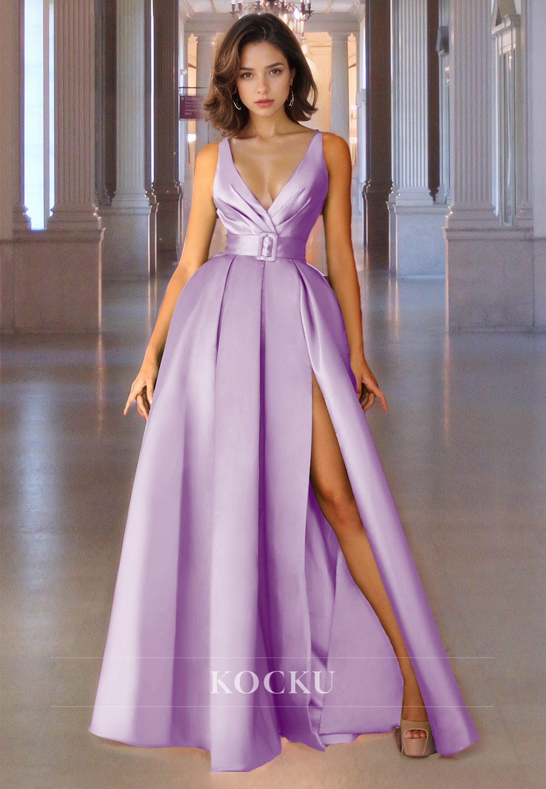 A-Line V-Neck Spaghettti Straps High Split Satin Floor-Length Prom Dress with Belt Party Dress