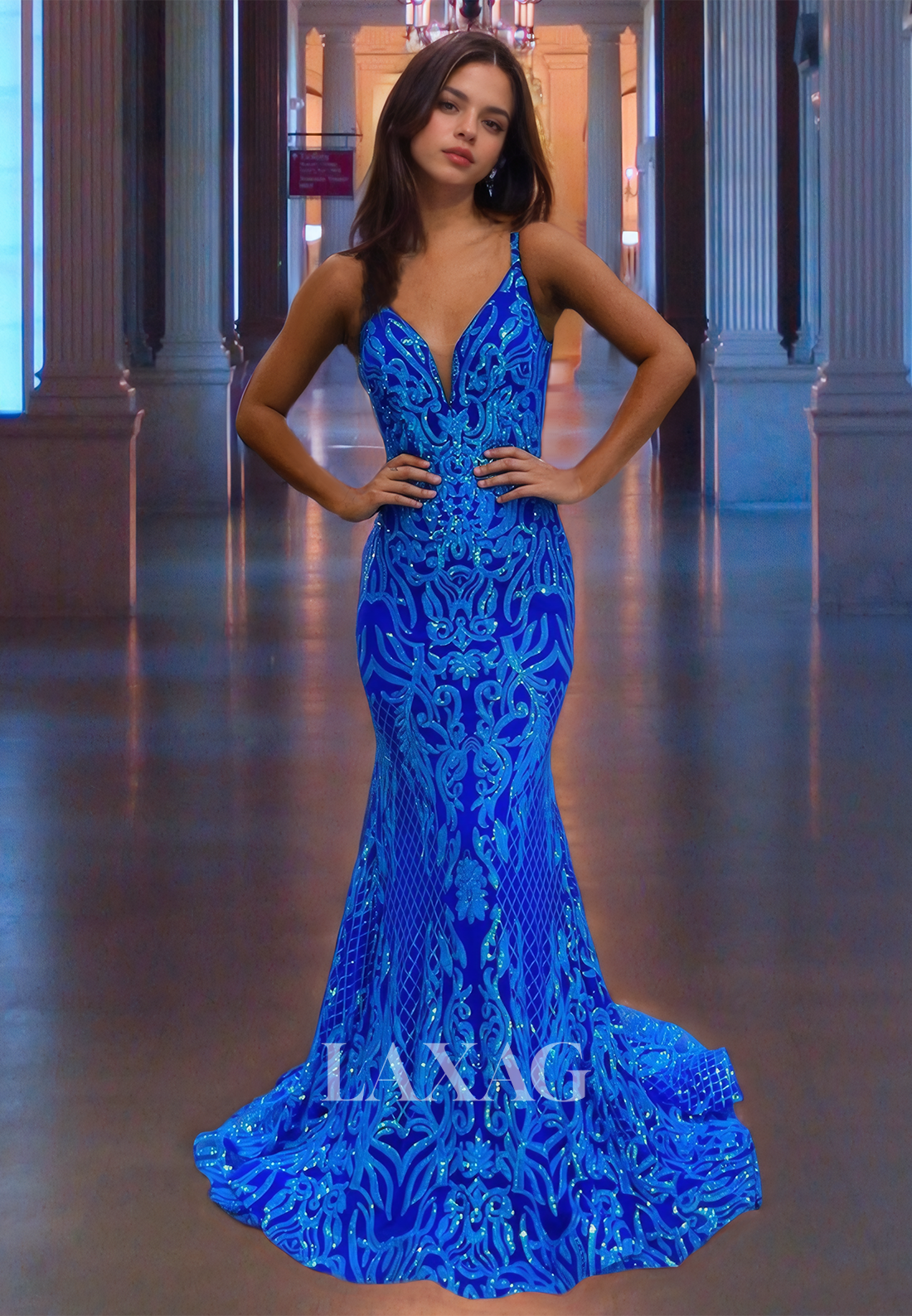 Trumpet&Mermaid Prom Dress V-Neck Spaghetti Straps Open Back Blue Party Dress - Fashionpara