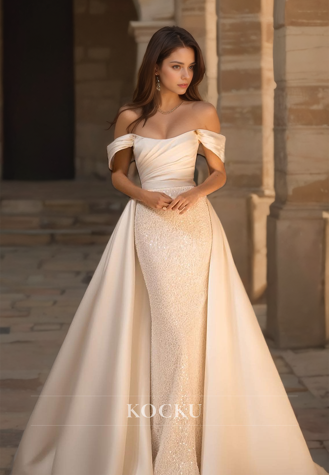 Off-Shoulder Sheath Bridal Gowns Sleeveless Beads Pleated Satin Wedding Dress with Overskirt - Fashionpara