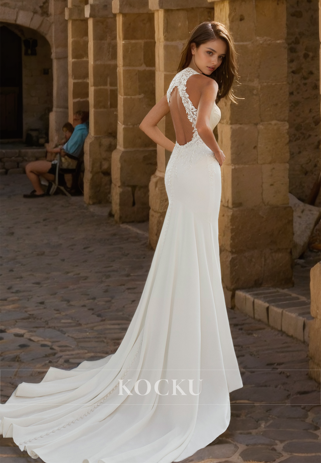 Halter Neck Sleeveless Sheath Sweep Train Satin Wedding Dress with Appliques Bridal Dress - Fashionpara