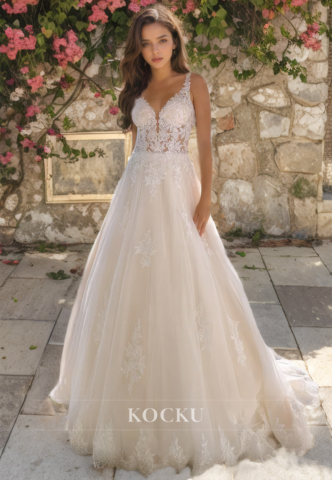 A-Line Sweetheart Spaghetti Straps Appliques Lace Wedding Dress with Sweep Train Bridal Dress