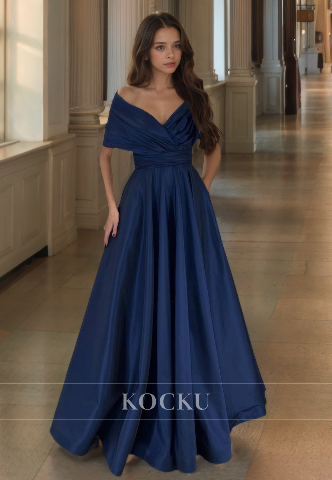 A-Line V-Neck Prom Dress Sleeveless Floor-Length Ruched Satin Formal Gowns with Pleats - Fashionpara