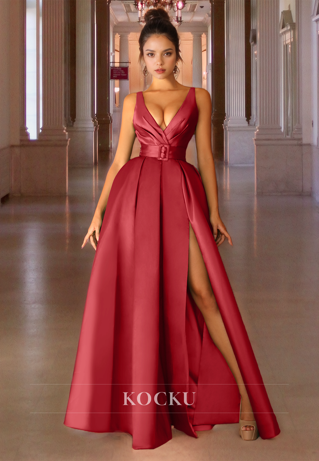 A-Line V-Neck Spaghettti Straps High Split Satin Floor-Length Prom Dress with Belt Party Dress