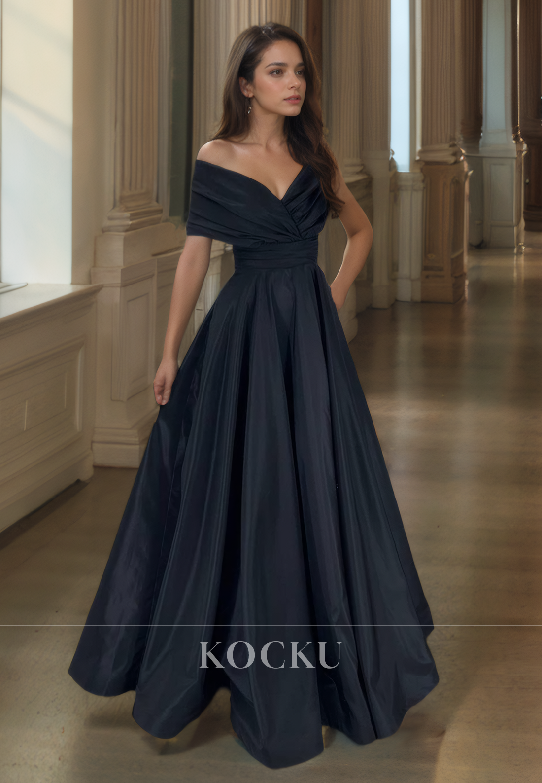 A-Line V-Neck Prom Dress Sleeveless Floor-Length Ruched Satin Formal Gowns with Pleats - Fashionpara