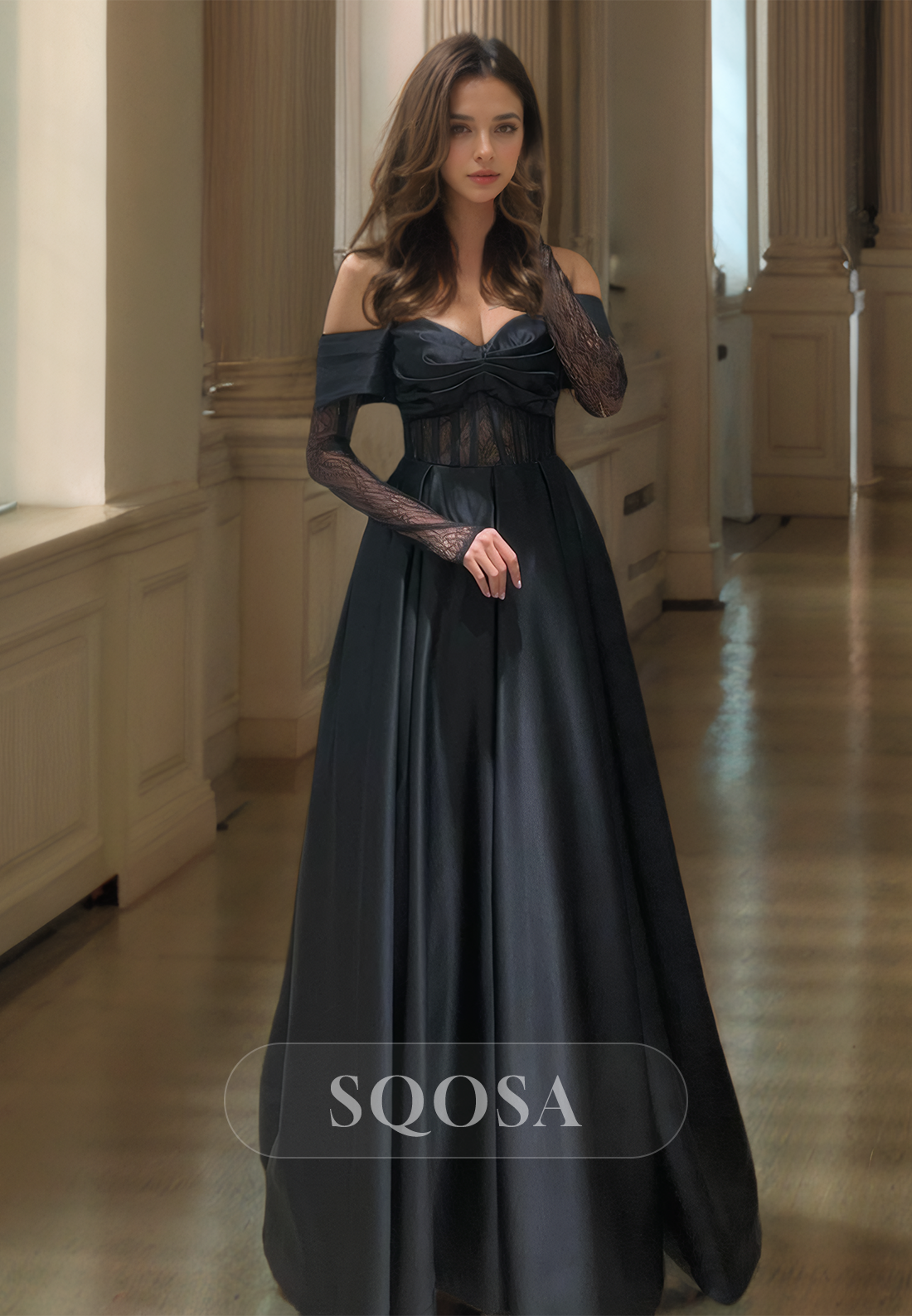 Pleated Sweetheart Lace Long-Sleeves Sheer Floor-Length Satin A-Line Formal Prom Dress - Fashionpara