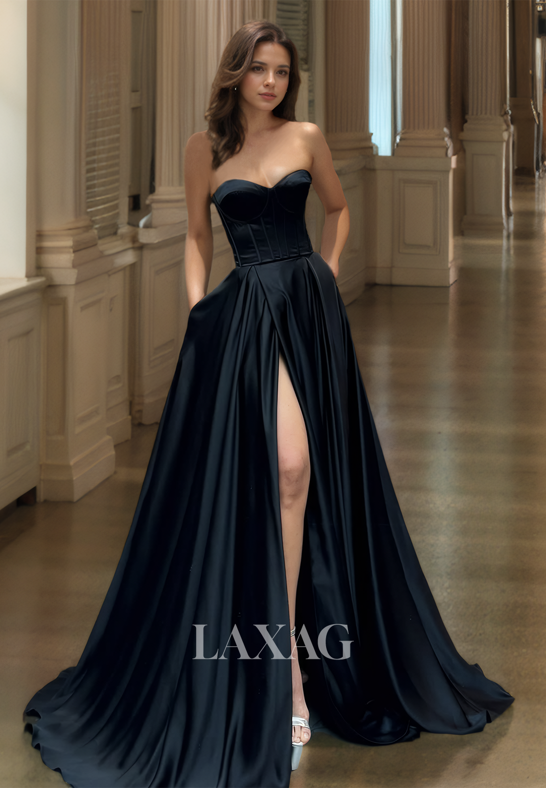 Simple Sweetheart Sleeveless Satin A-Line Prom Dress Strapless Pleaded High Slit Formal Gowns - Fashionpara