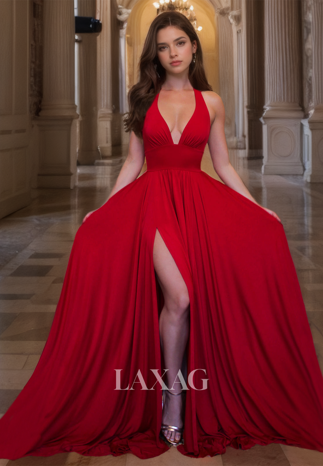 A-line Red Long Prom Dress Low-V-Neck Backless Halter Evening Dress with Slit - Fashionpara