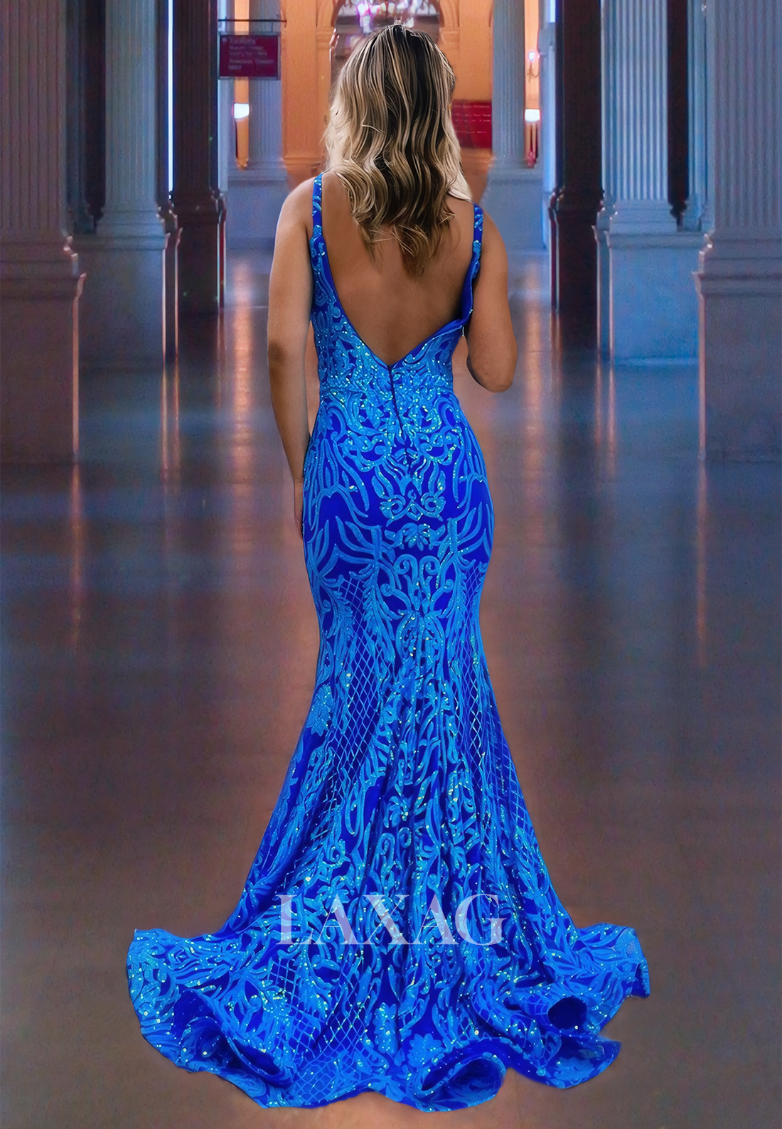 Trumpet&Mermaid Prom Dress V-Neck Spaghetti Straps Open Back Blue Party Dress - Fashionpara