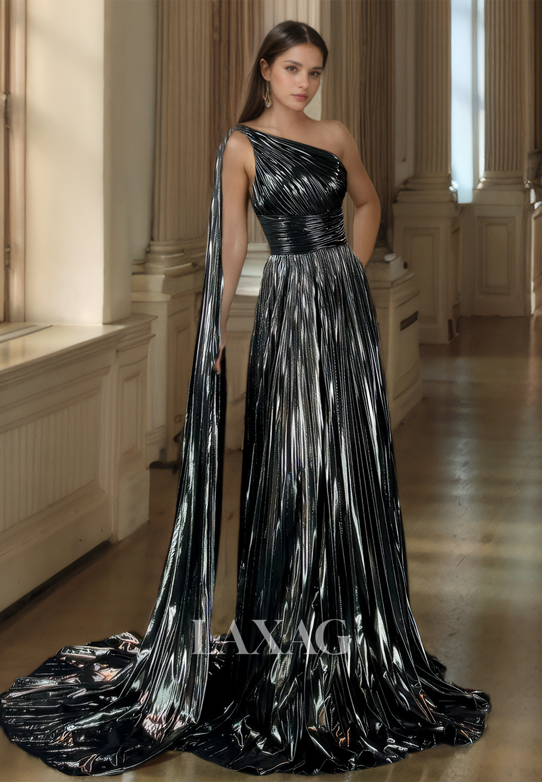 Asymmetrical-Neck One-Strap Pleated Party Gowns Sweep Train Glitter Metallic A-Line Prom Dress - Fashionpara