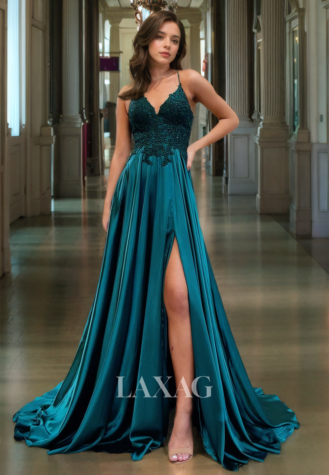 Royal Blue Formal Long Dress A-Line V-Neck Appique Top High Slit Prom Dress - Fashionpara