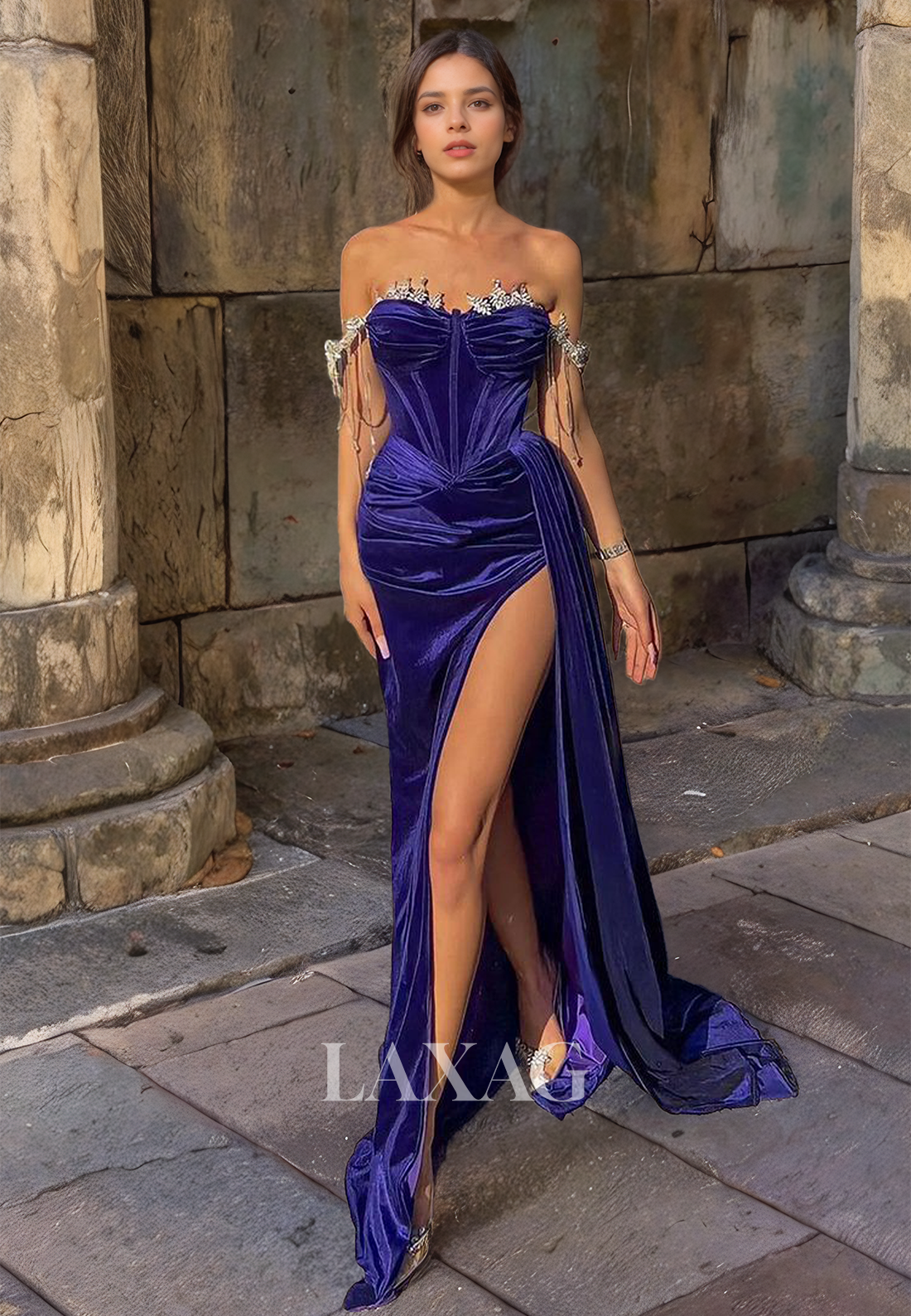 Sweetheart  Formal Party Dress Off Shoulder Velvet Regency High Slit Sheath&Column Long Prom Dress - Fashionpara