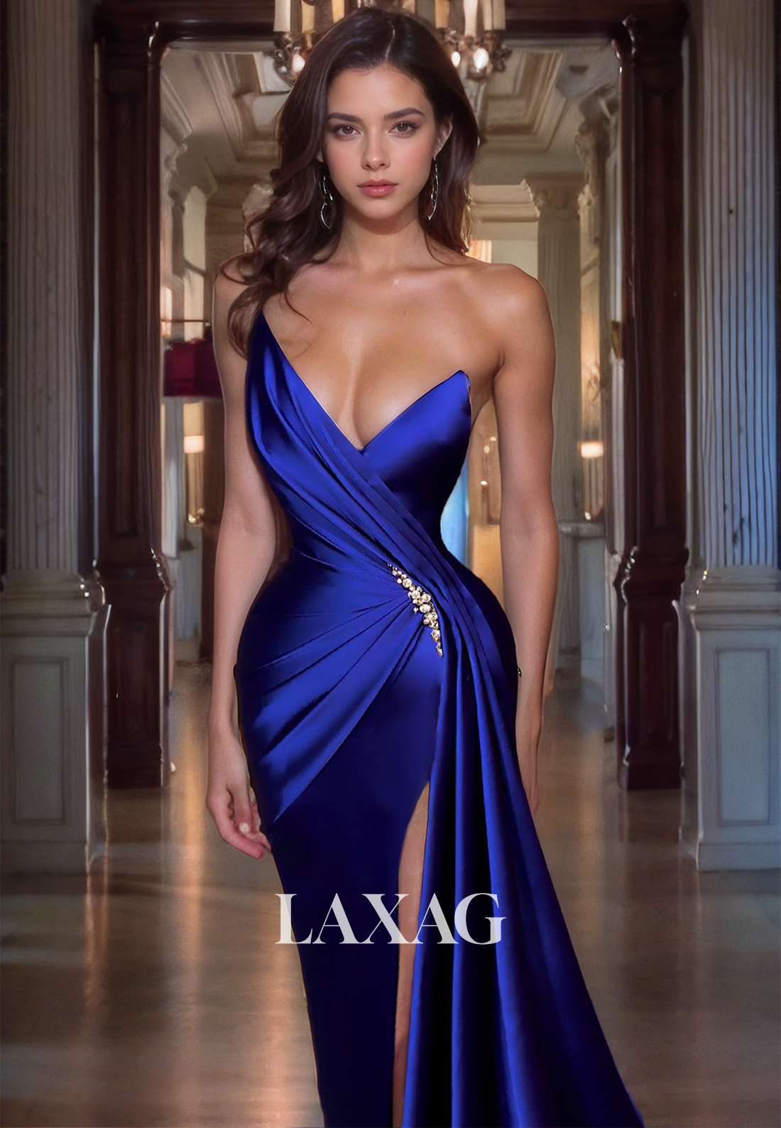 Strapless Beaded High Slit Sleek Satin Party Prom Formal Evening Dress with Train - Fashionpara