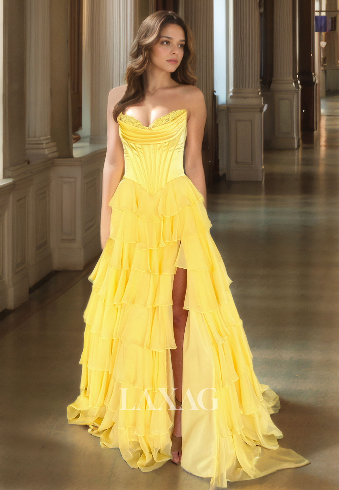 Beaded Sweetheart Chiffon Formal Gowns Sleeveless Pleated Tiered A-Line Prom Dress with High Slit - Fashionpara