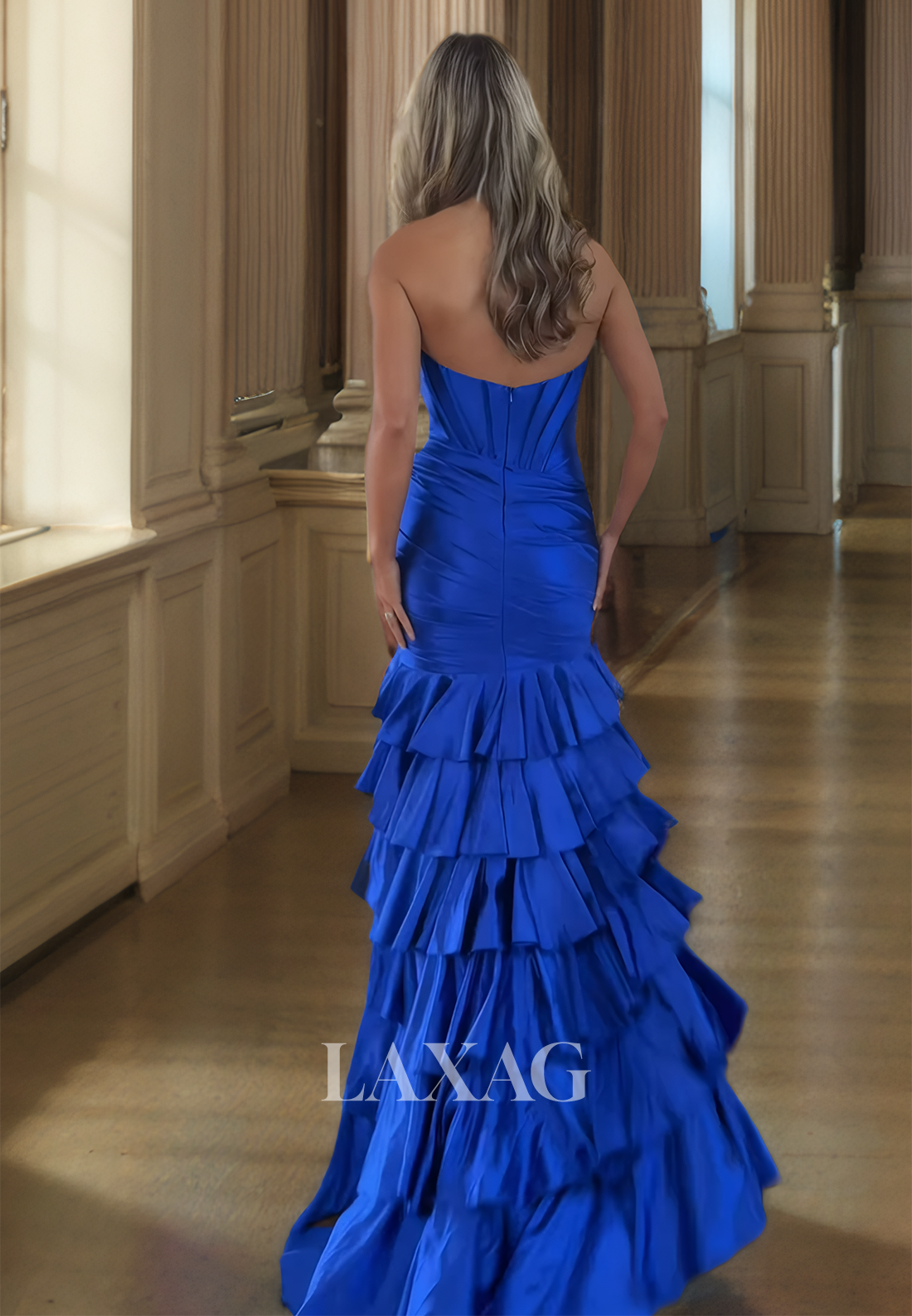 Sleeveless Sweetheart Chiffon Mermaid Prom Dress Pleated Tiered High Slit DInner Gowns with Train - Fashionpara