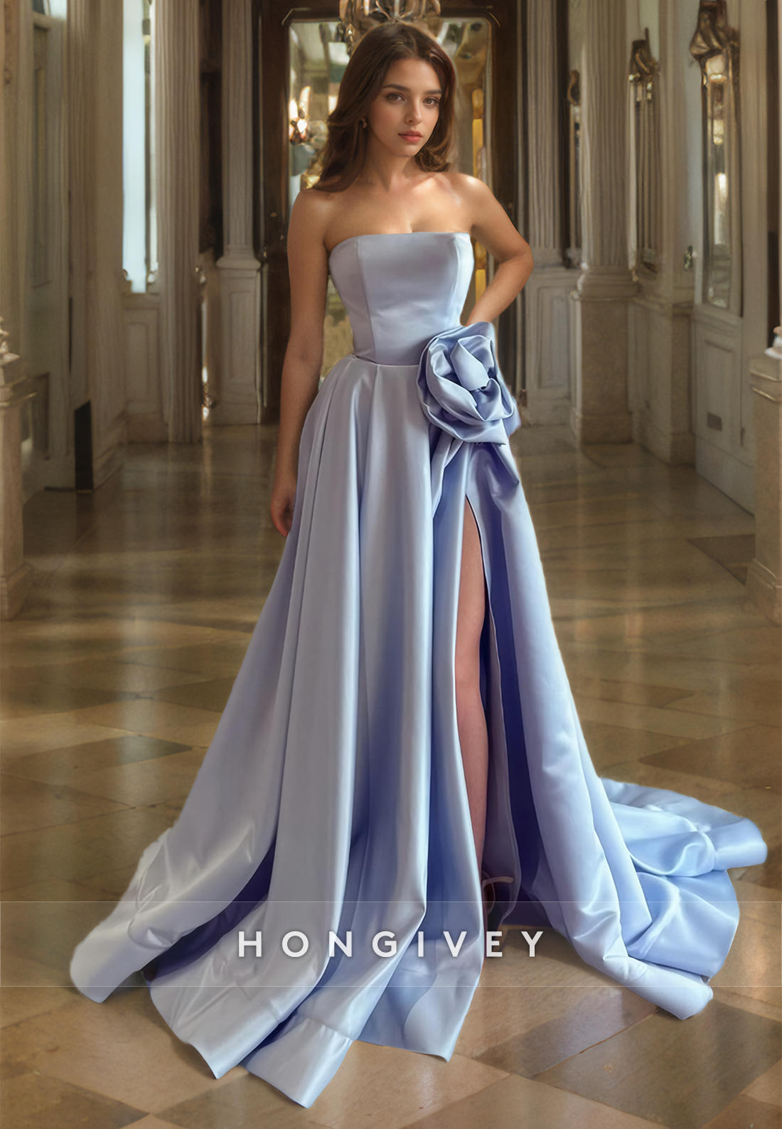 Unique Satin Lilac Pleated Prom Gown Strapless Floor Length Quinceanera Dresses with High Slit