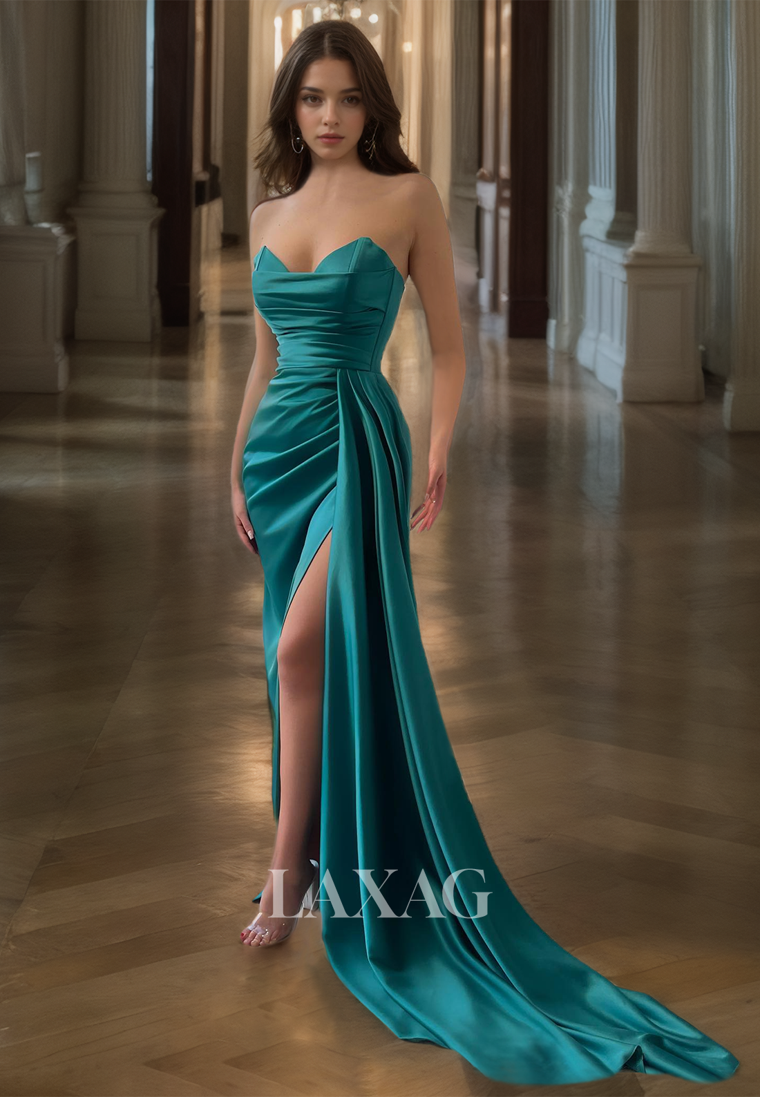 Strapless Sweetheart Sheath&Column High Slit Pleated Satin Evening Prom Dress - Fashionpara