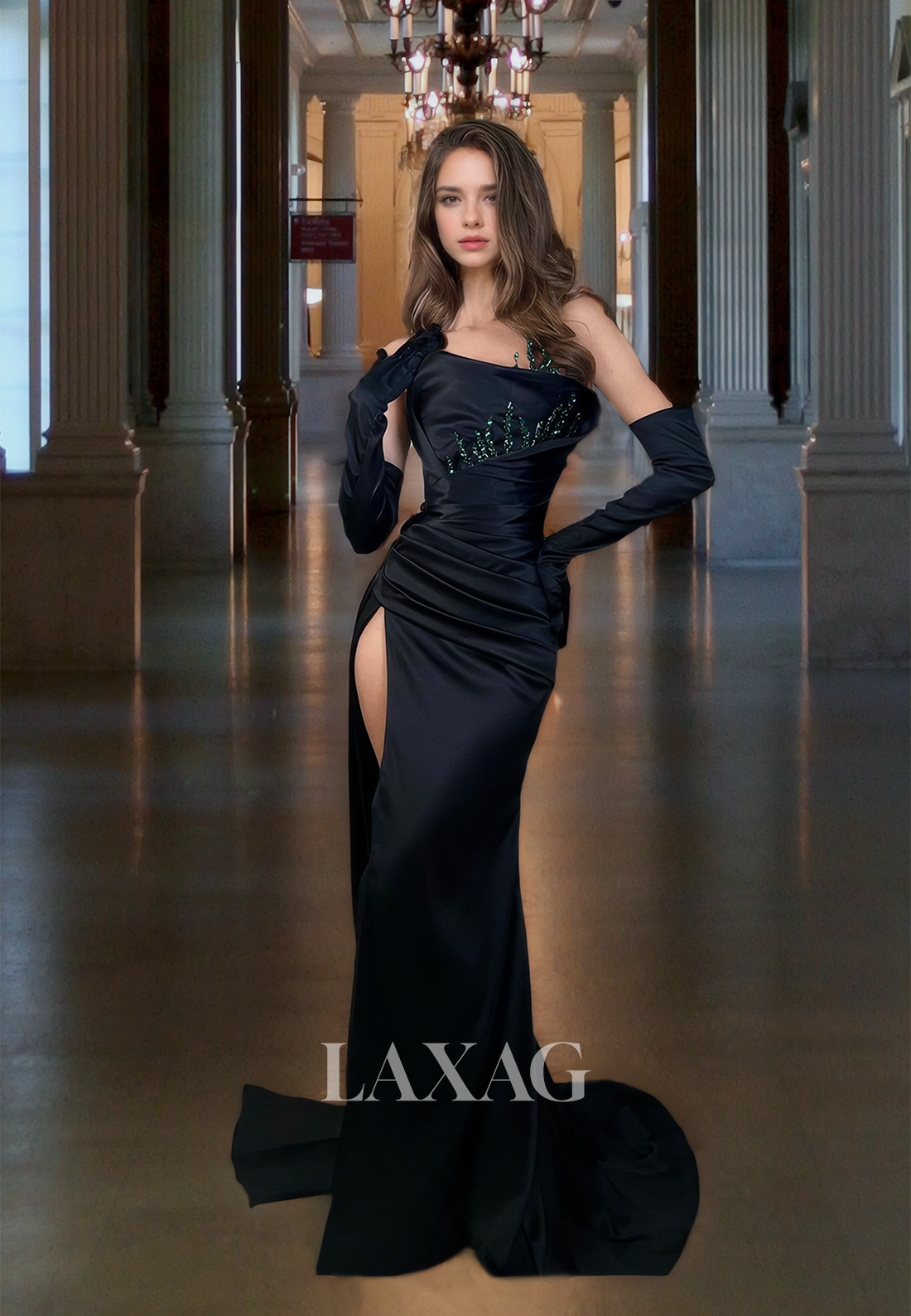 Elegant Black Party Dress with Slit Sheath&Column Satin Sleeveless Square Strapless Prom Dress - Fashionpara