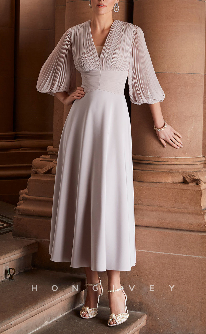 HM158 - Sexy Satin A-Line V-Neck 3/4 Sleeves Empire Ruched With Pockets Mother of the Bride Dress - Fashionpara