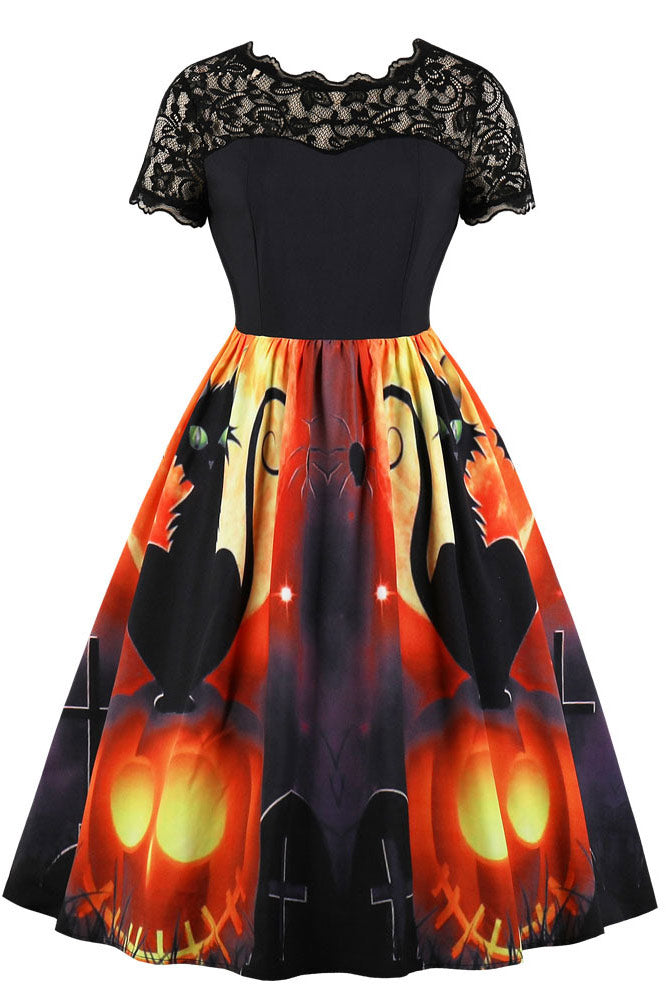 Halloween Lace Patched Print Dress