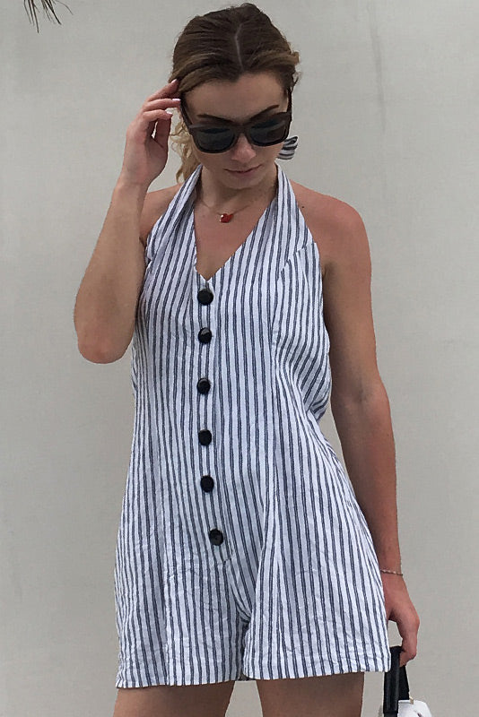 Halter Striped V-neck Backless Single Breasted Romper