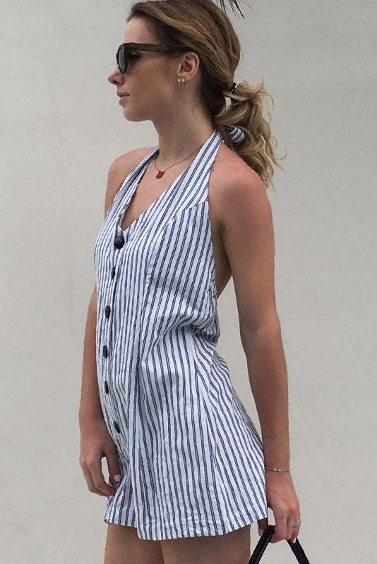 Halter Striped V-neck Backless Single Breasted Romper