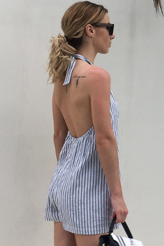 Halter Striped V-neck Backless Single Breasted Romper