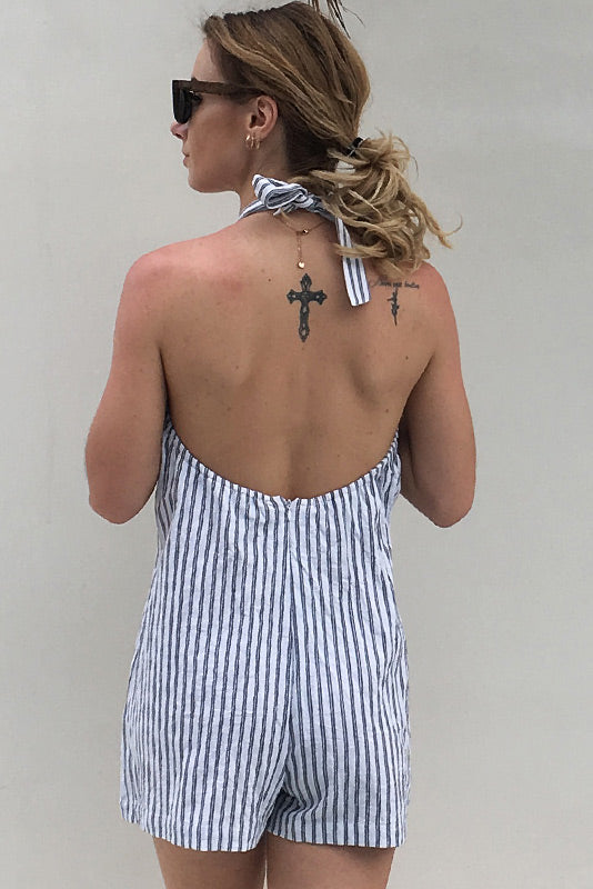 Halter Striped V-neck Backless Single Breasted Romper