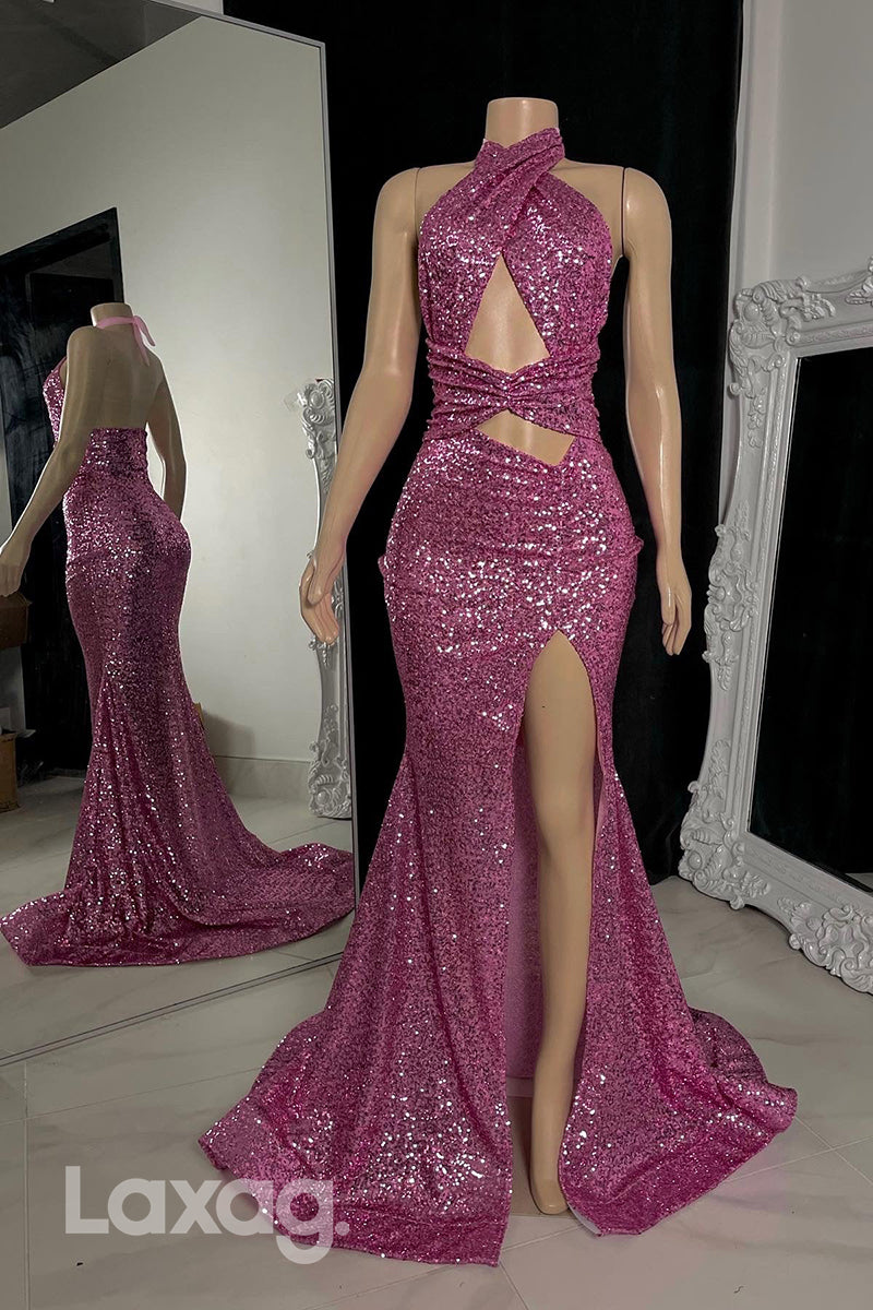 22472 - Halter Backless Fully Sequins High Slit Mermaid Prom Dresses for Black Girl Slay - Fashionpara