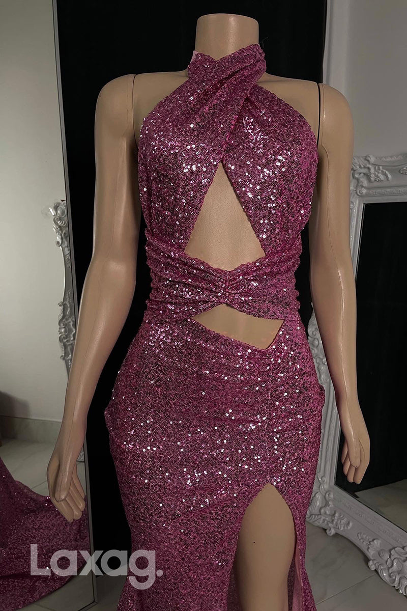 22472 - Halter Backless Fully Sequins High Slit Mermaid Prom Dresses for Black Girl Slay - Fashionpara