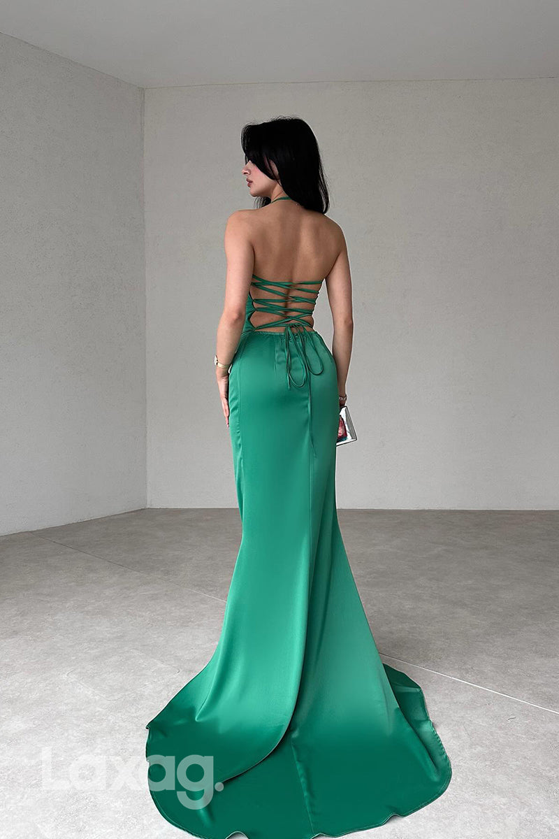 22282 - Halter Backless Sleek Satin Mermaid Party Prom Formal Evening Dress - Fashionpara