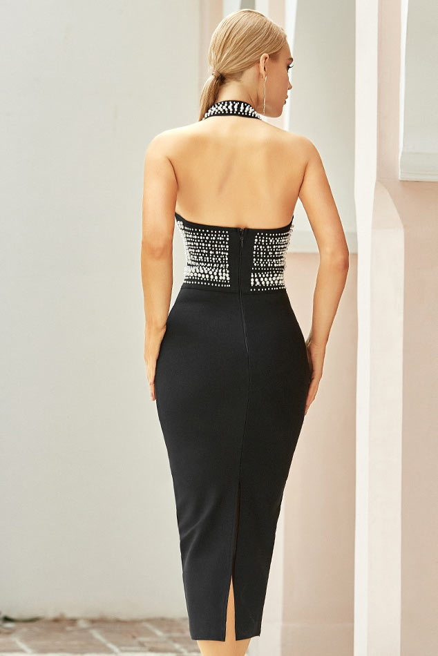 Halter Beaded Bodycon Party Evening Dress