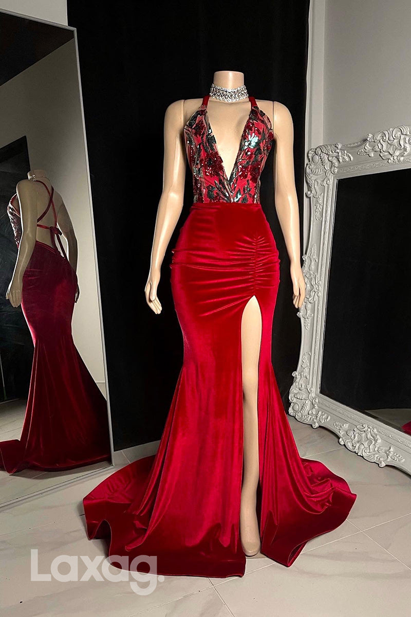 22466 - Halter Low-Neck backless Sequins Mermaid Prom Dresses for Black Girl Slay - Fashionpara