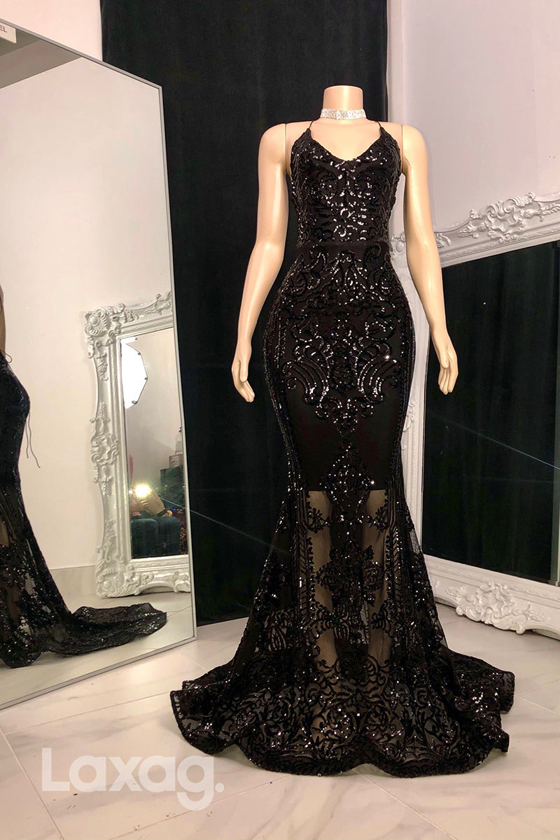 22465 - Halter backless Appliques Sequins Mermaid Prom Dresses for Black Girl Slay - Fashionpara