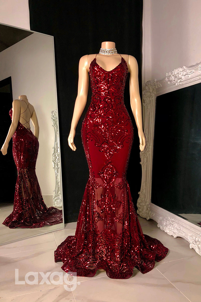 22465 - Halter backless Appliques Sequins Mermaid Prom Dresses for Black Girl Slay - Fashionpara