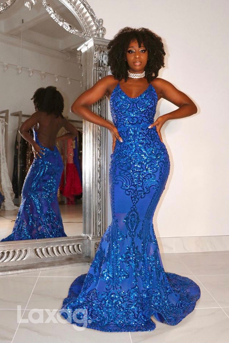 22465 - Halter backless Appliques Sequins Mermaid Prom Dresses for Black Girl Slay - Fashionpara