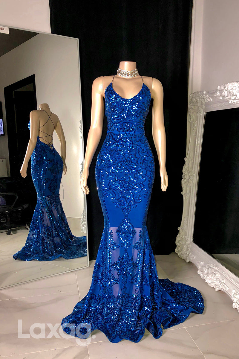 22465 - Halter backless Appliques Sequins Mermaid Prom Dresses for Black Girl Slay - Fashionpara