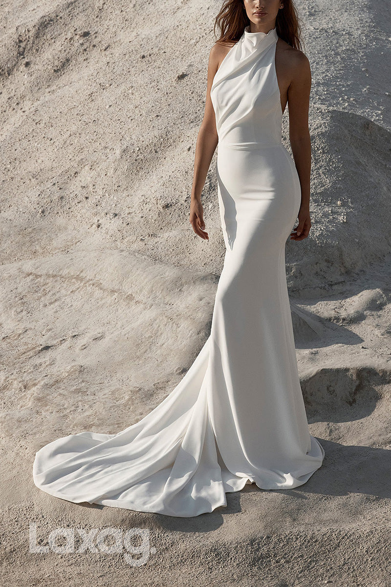 22944 - High-Neck Backless Sleek Satin Elegant Mermaid Wedding Dress with Train - Fashionpara