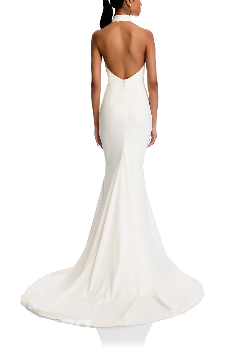 22944 - High-Neck Backless Sleek Satin Elegant Mermaid Wedding Dress with Train - Fashionpara