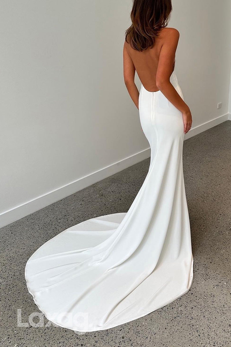 22945 - High-Neck Backless Sleek Satin Elegant Mermaid Wedding Dress with Train - Fashionpara